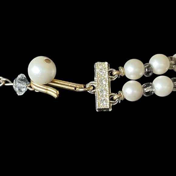 Vintage Double 2 Strand AB Bead & Faux Pearl Choker Necklace Rhinestone Accent - Picture 5 of 5
